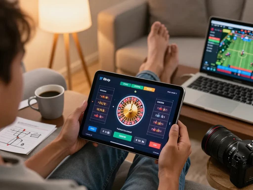 Players enjoying online casino gameplay with the Rikvip app on a tablet in a cozy home setting.