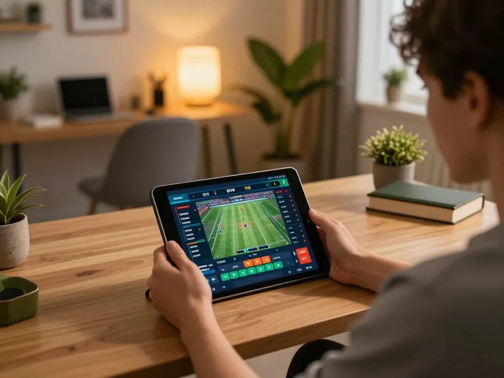 Player strategizing sports betting on say88 tablet, showcasing an engaging online gambling setup.