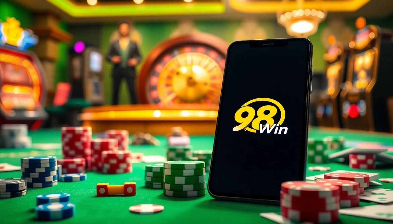 Experience the thrill of 98Win with a vibrant online gambling setup featuring poker chips and a roulette wheel.