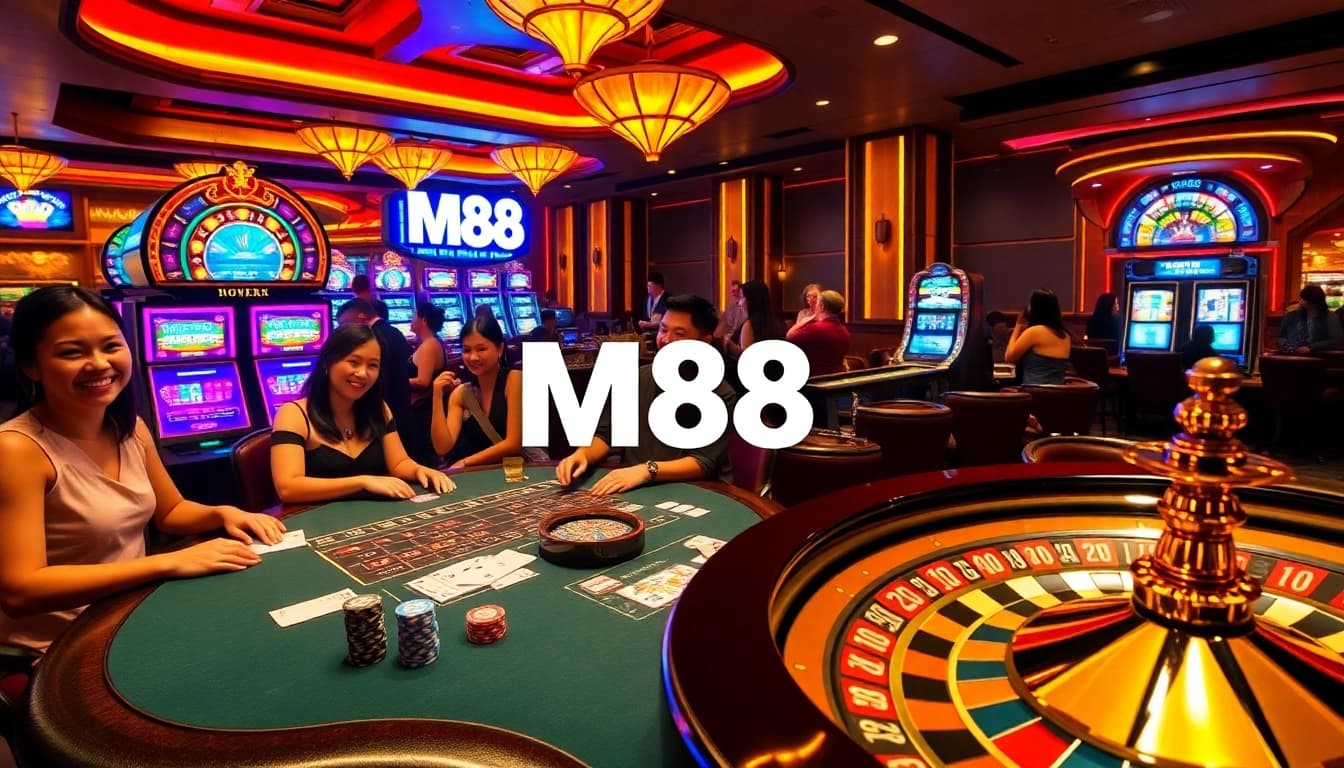 M88 gamblers celebrate around diverse casino tables with vibrant colors and exciting games.