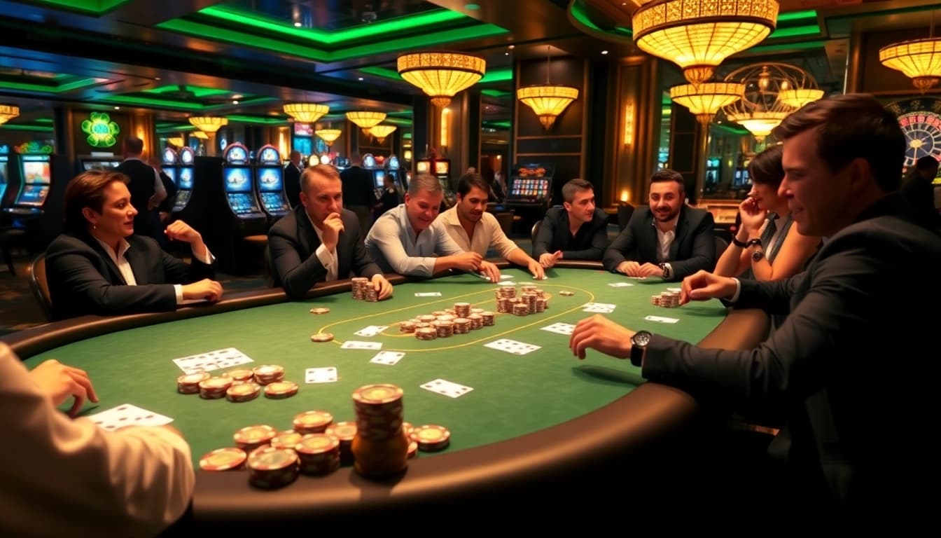 Engaged players enjoying a thrilling poker game at topclub casino, surrounded by vibrant gaming atmosphere.