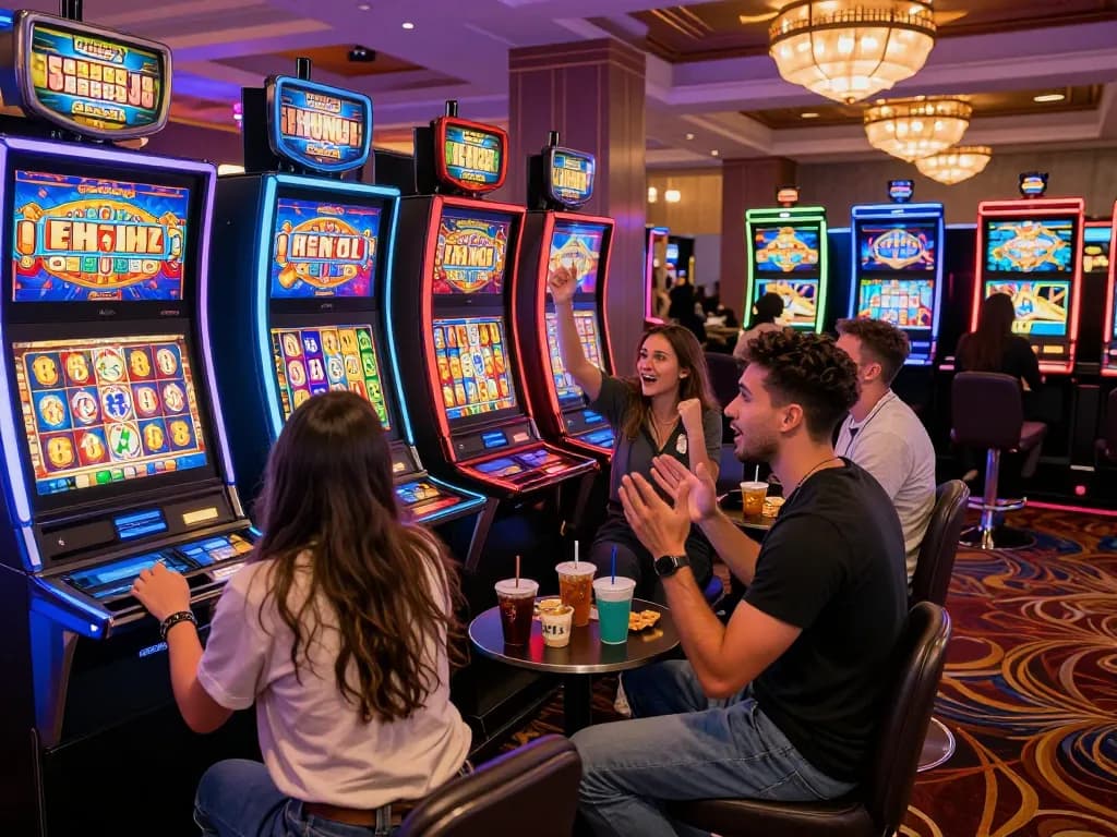 Momen permainan slot gacor hari ini yang mendebarkan bersama teman merayakan kemenangan jackpot di suasana kasino yang vibrant.