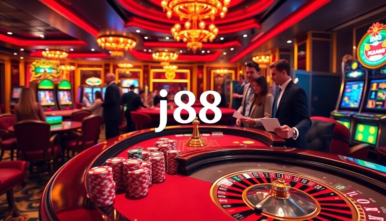 Players celebrating wins at a luxurious j88 casino with poker tables and slot machines.