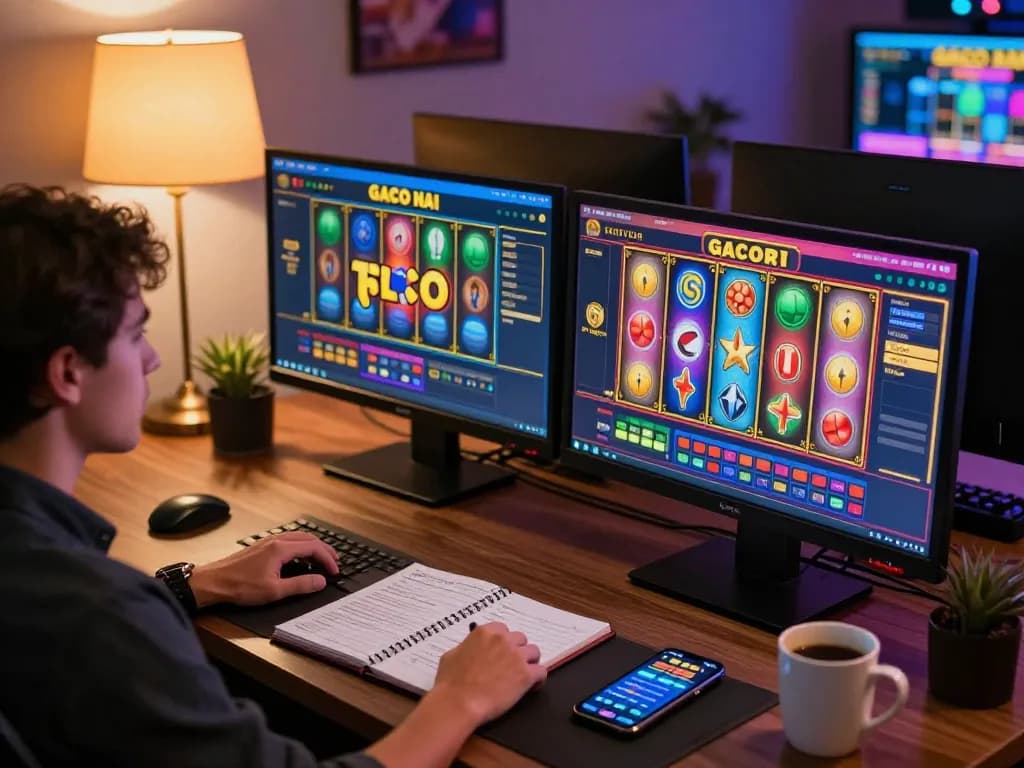 Player enjoying a slot gacor hari ini experience on a gaming setup, focusing on the spinning reels and strategy notes.