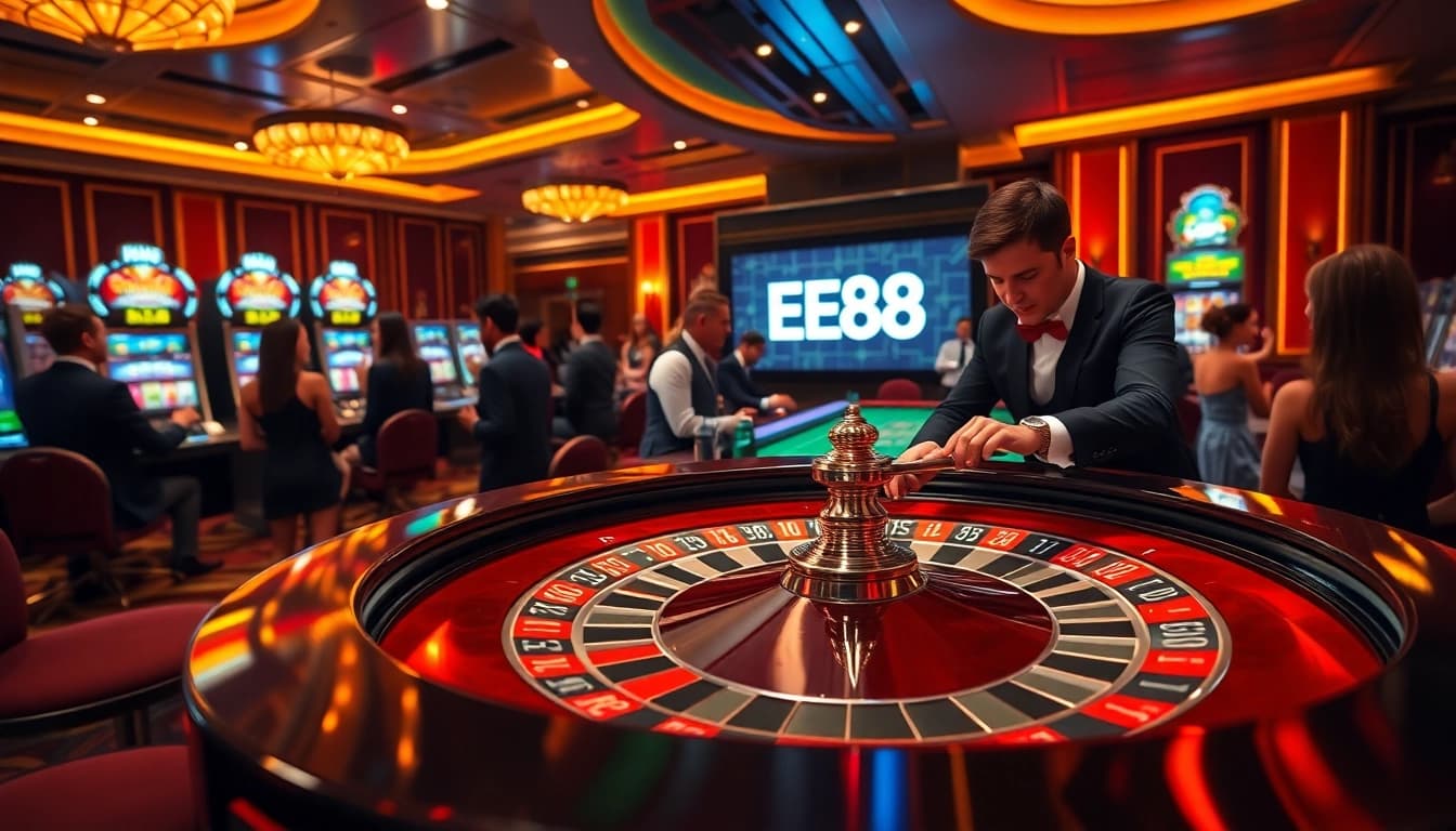 Players engaging in exciting casino action at an EE88 roulette table with vibrant chips.