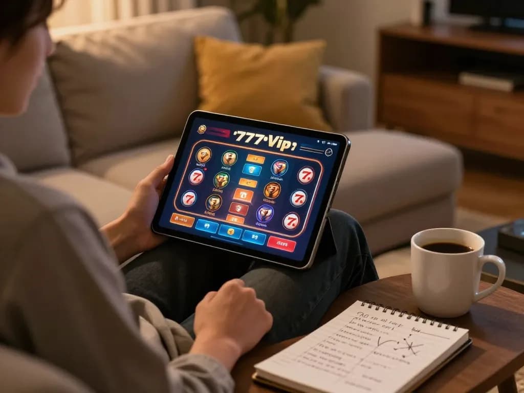 Player enjoying an online game on 777vip platform with strategy notes in cozy living room setting