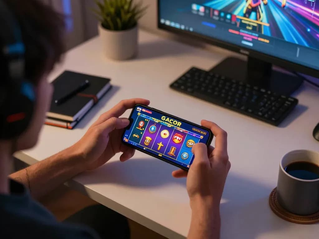 Engaged player exploring slot gacor features on smartphone in cozy home office setting.