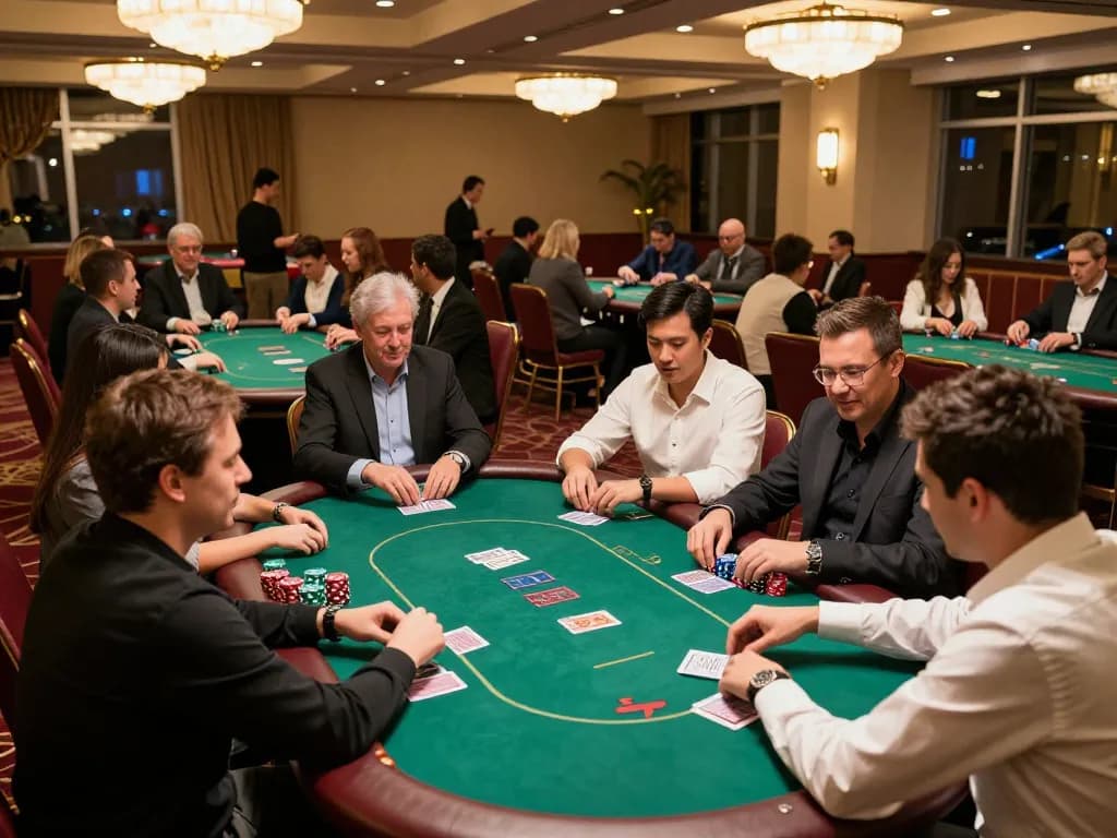 Players are engaged in an exciting poker game at go8 casino, showcasing thrilling card action and casino atmosphere