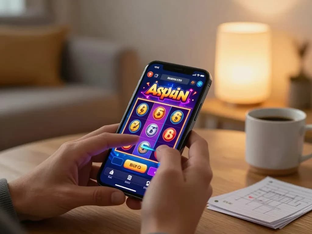 Seorang pemain menikmati pengalaman slot online aman788 di perangkat mobile dalam suasana rumah yang nyaman, menekankan permainan yang bertanggung jawab.