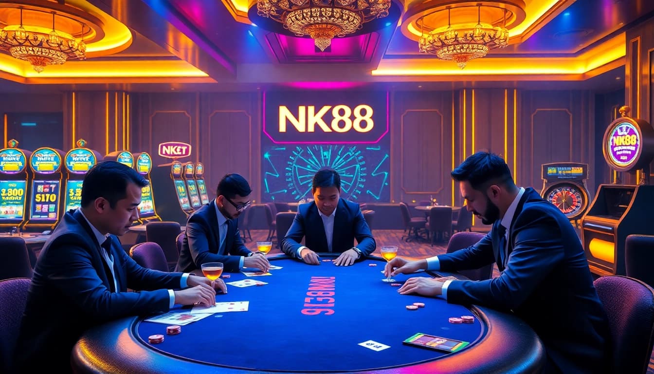 NK88 casino players engaged in a high-stakes poker game at a luxurious table, showcasing excitement in gambling.