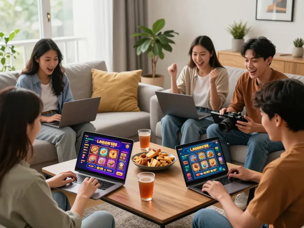 Kumpulan orang yang terlibat menikmati permainan slot online laoban188 di sebuah ruangan yang nyaman.