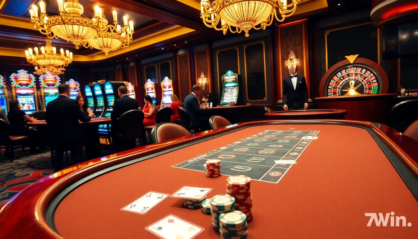 Experience the excitement of 789Win with poker chips and a roulette wheel in a luxurious casino setting.