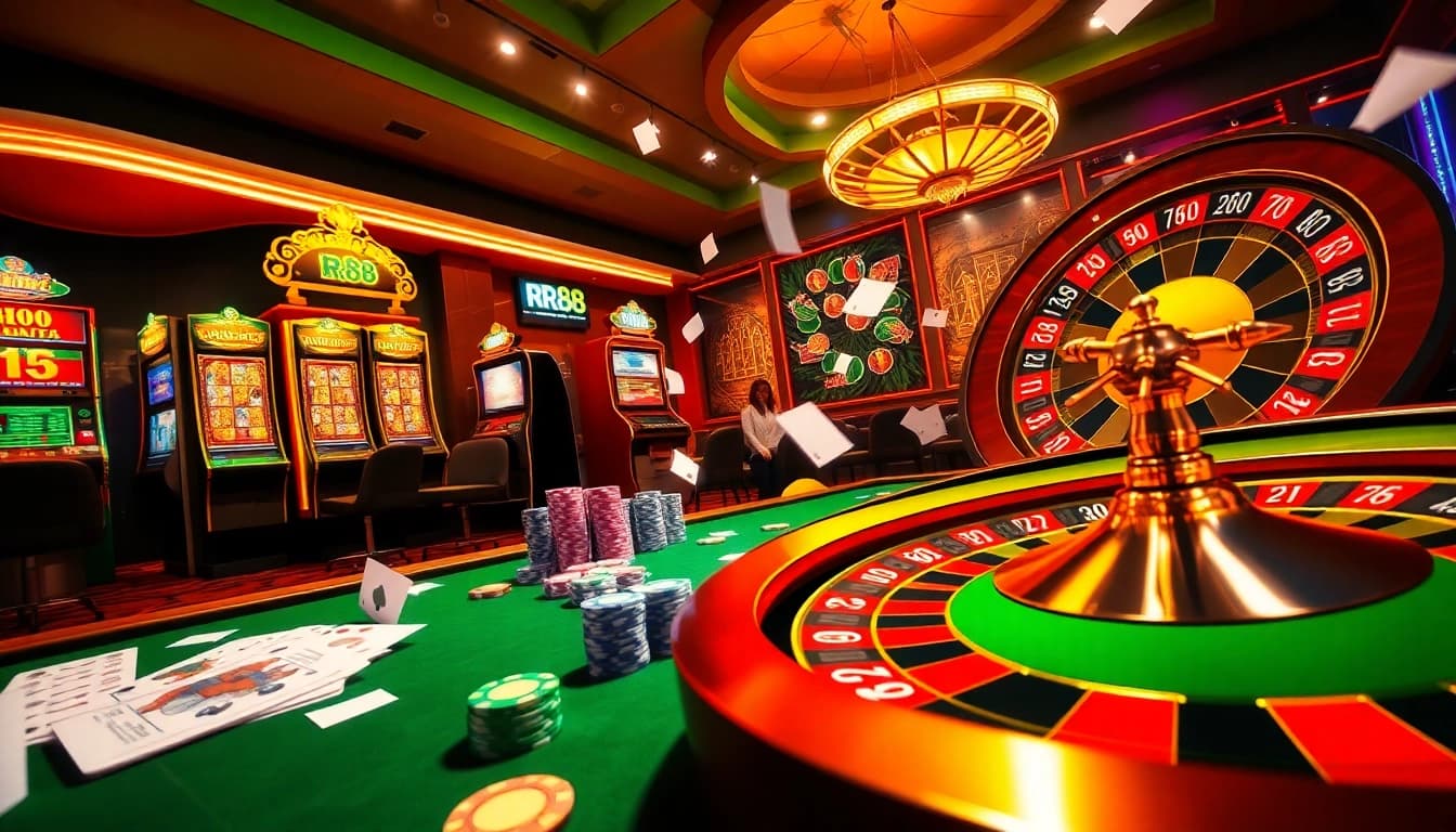 Experience the thrill at nhà cái rr88 with vibrant casino tables and exciting slot machines lighting up the scene.