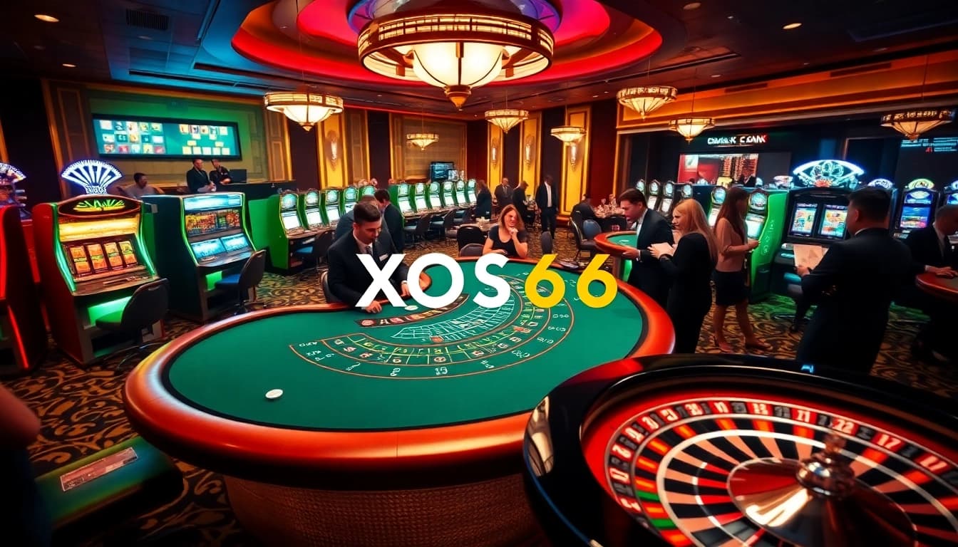 Experience thrilling gaming at XOSO66's luxurious casino, featuring dynamic tables and vibrant slot machines.