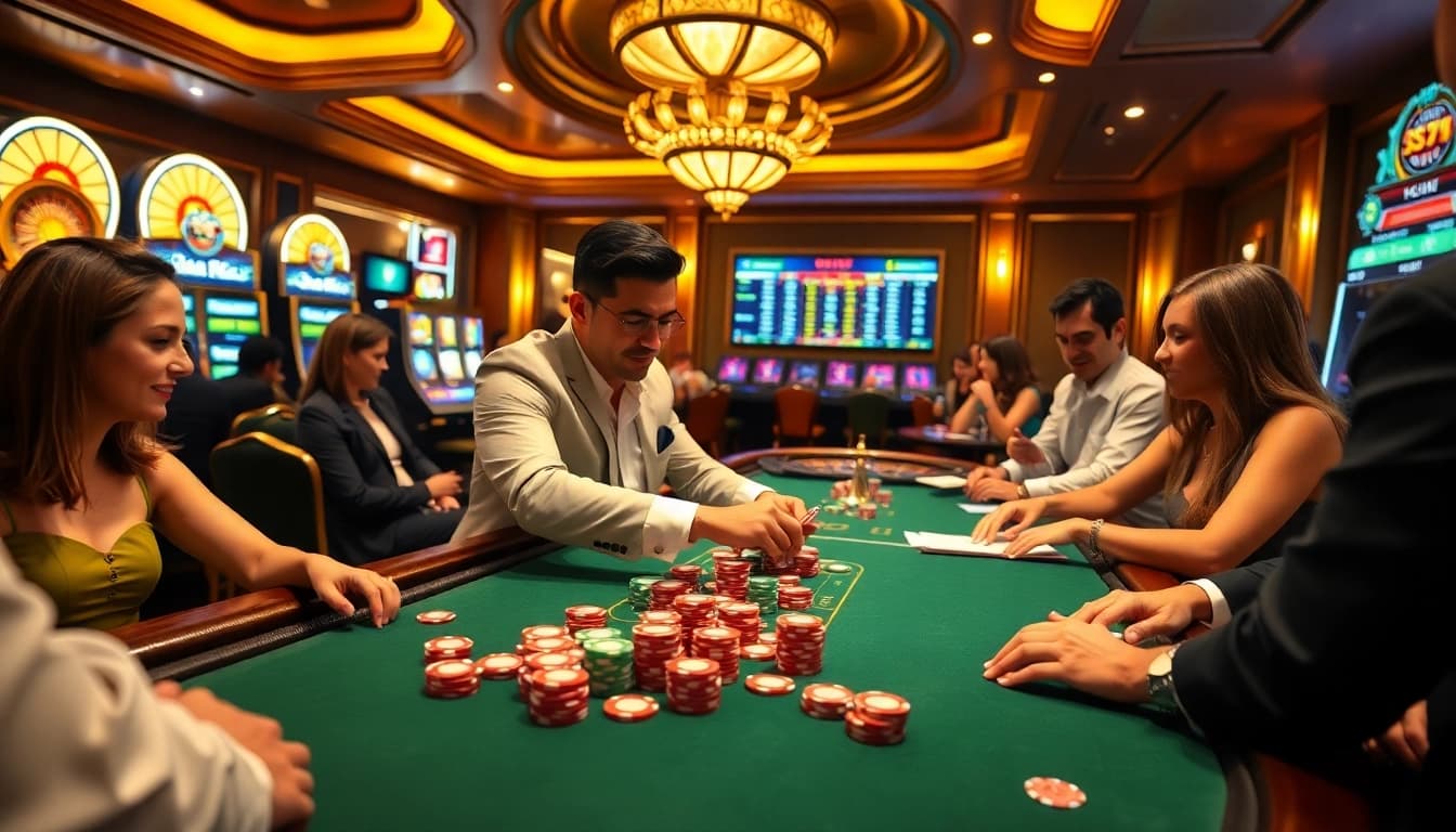 B52club poker table filled with players, vibrant chips, and bright casino atmosphere.