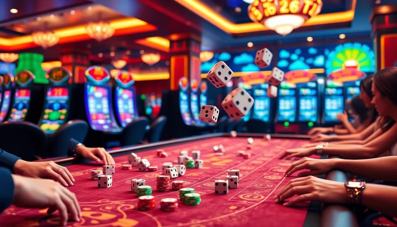 Players engaged in a thrilling game tài xỉu at a luxurious casino table with vibrant colors.