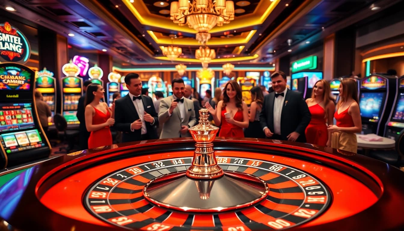 Permainan kasino toko56 dengan meja roulette berkilauan dan pemain berpenampilan elegan.