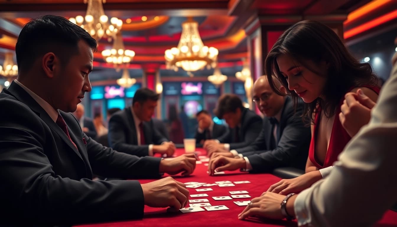 Permainan poker di binjaitoto dengan suasana mewah dan pemain yang serius.