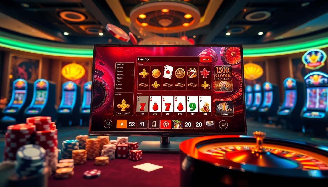 An engaging visual of casino excitement at https://33win5.it.com/ featuring vibrant gaming graphics, slot machines, and poker chips.