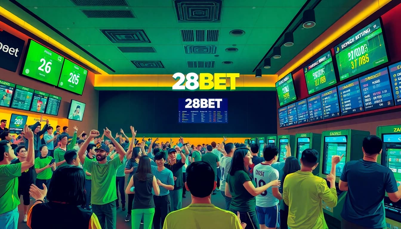 Exciting sports betting lounge atmosphere highlighting 28BET.