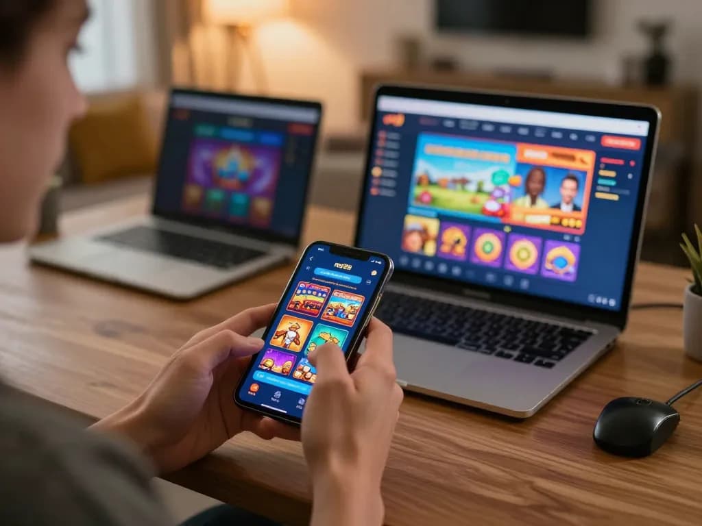 Player interacting with net88 app on smartphone in a cozy gaming setup, highlighting responsible gambling.