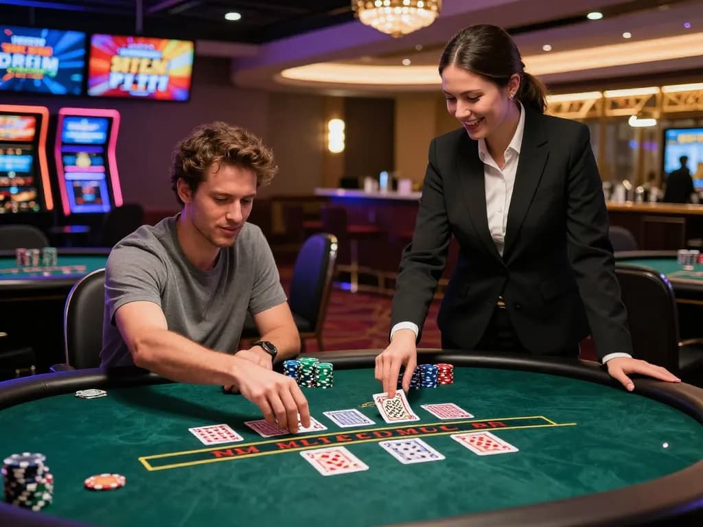 Player enjoying free credit baccarat with a live dealer at a vibrant casino table, showcasing an engaging gaming experience.