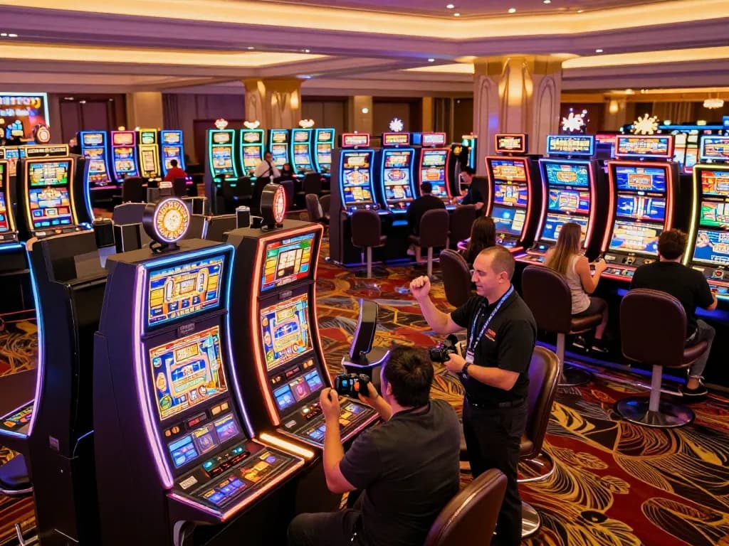 IWIN players enjoying vibrant slot machines at an engaging casino floor