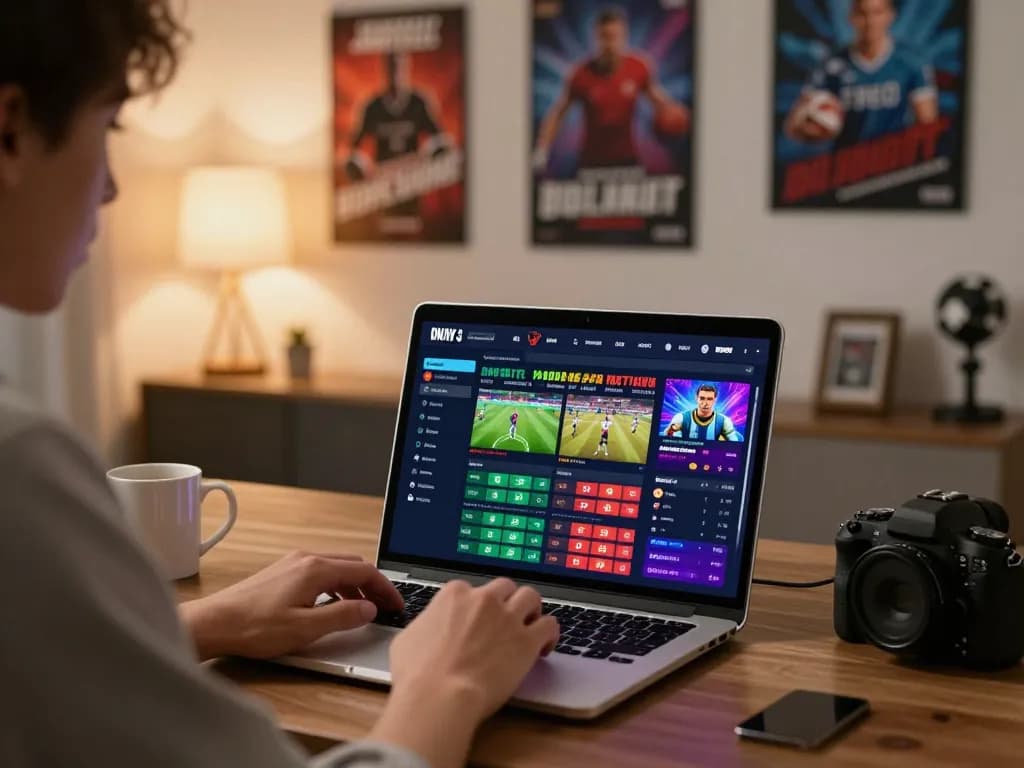 Engaging in sports betting on kuwin with laptop displaying colorful odds and sports events.