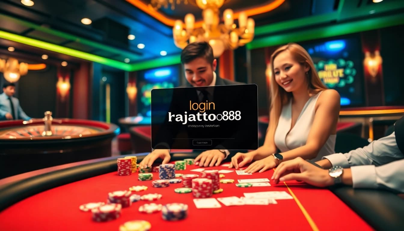 Experience the thrill of login rajatoto88 with vibrant casino visuals showcasing poker and roulette.