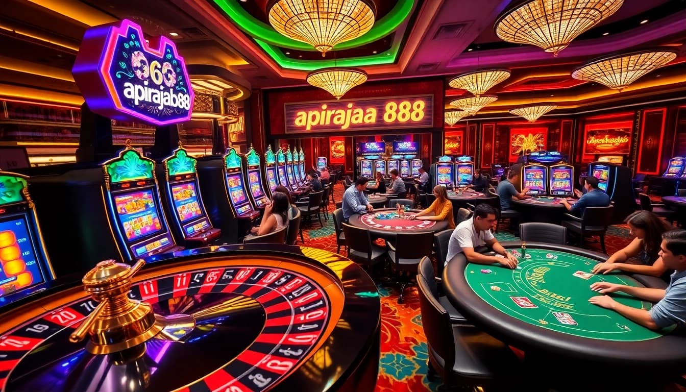 Players enjoying thrilling games at apiraja88 casino, featuring vibrant slot machines and poker tables.