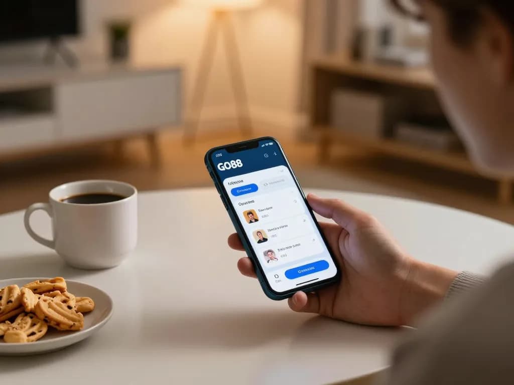 Player engaging with GO88 app on smartphone in a cozy home setting, showcasing responsible gambling.