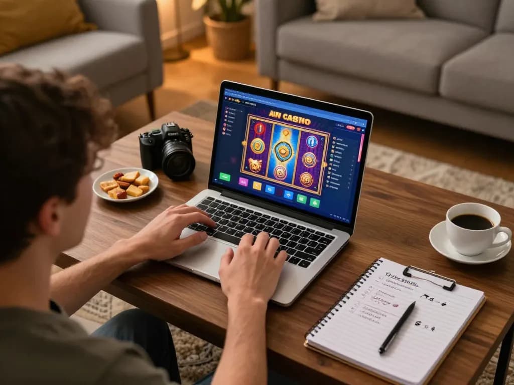Alev Casino player engaging with online slots strategy at home with laptop and snacks.