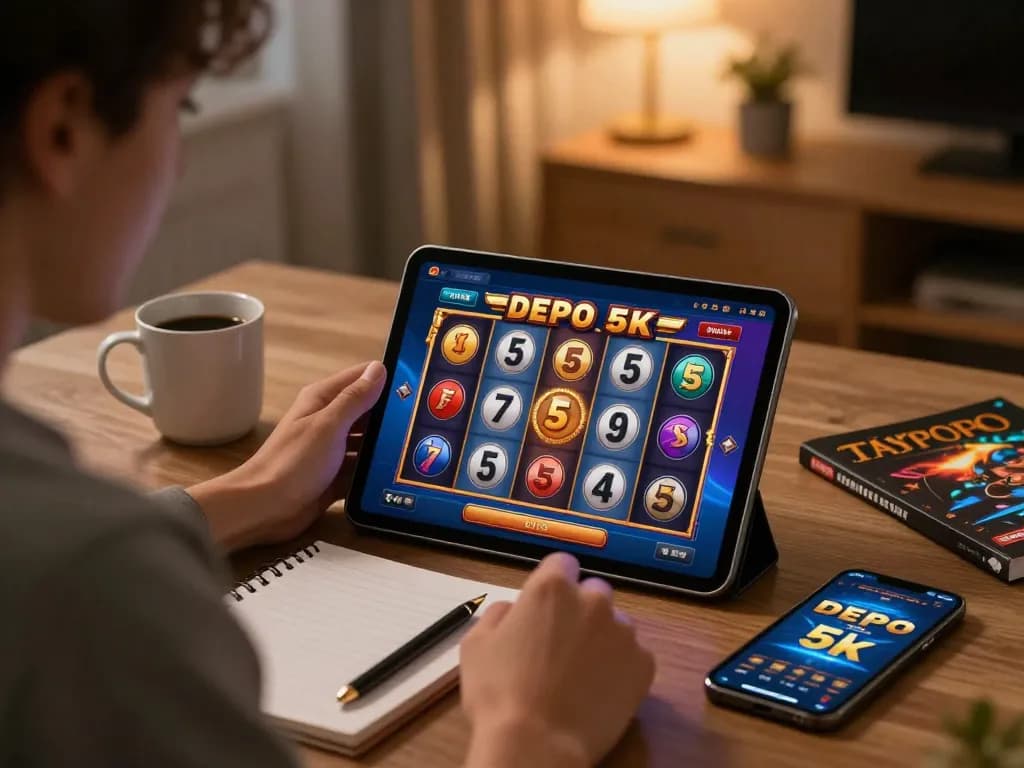 Engaged player enjoying slot depo 5k app on tablet in a cozy home office.