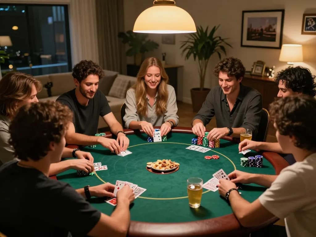Players strategizing in a home poker game while enjoying time with friends at hello88.