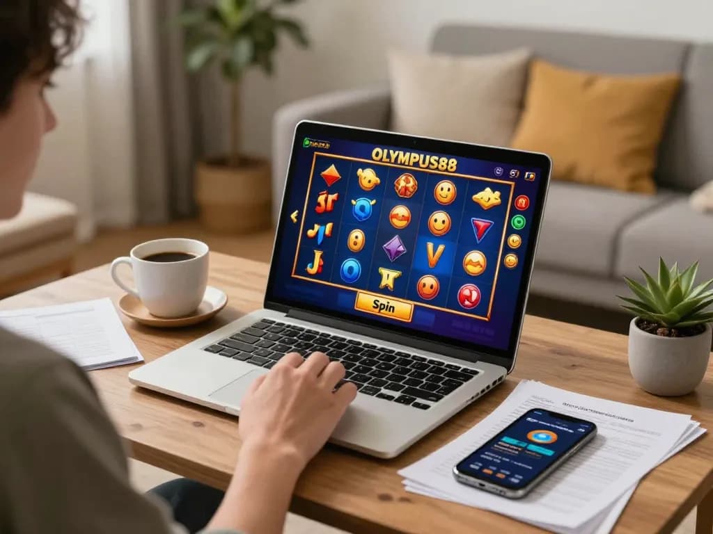 Player enjoying OLYMPUS88 slot games on a laptop in a cozy living room, highlighting mobile gaming atmosphere.