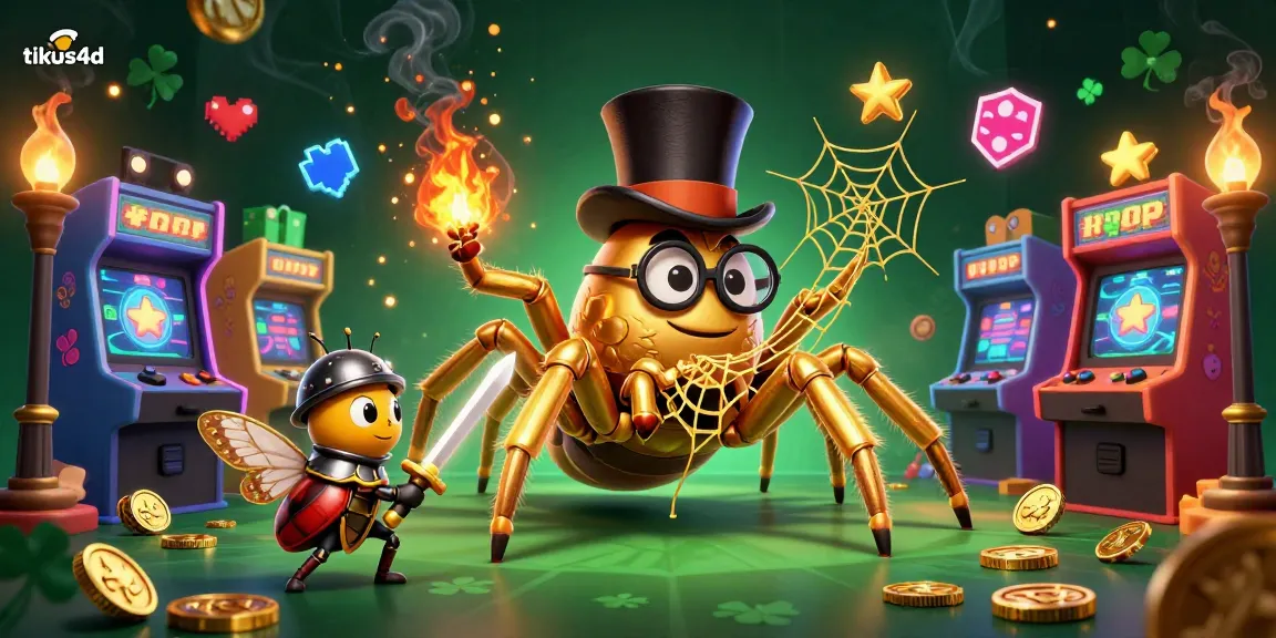 Tikus4d engages players with an exciting 3D casino scene featuring a golden tarantula and beetle knight amidst vibrant game elements.