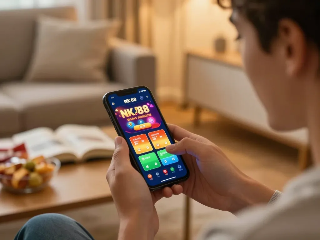 Player engaging with NK 88 casino app on smartphone, excited by winning options.