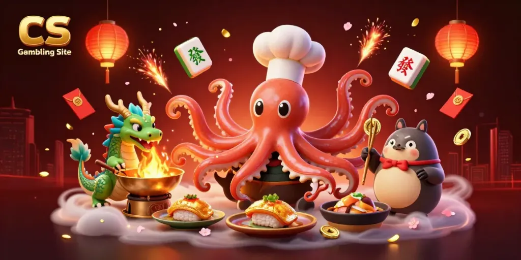 Illustration showcasing CS Gambling Site with cartoon octopus chef and dragon in 8K detail.
