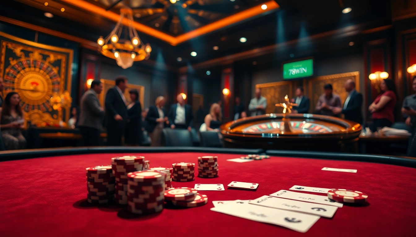 Experience thrilling gaming with 78WIN at a luxurious poker table, surrounded by excitement.
