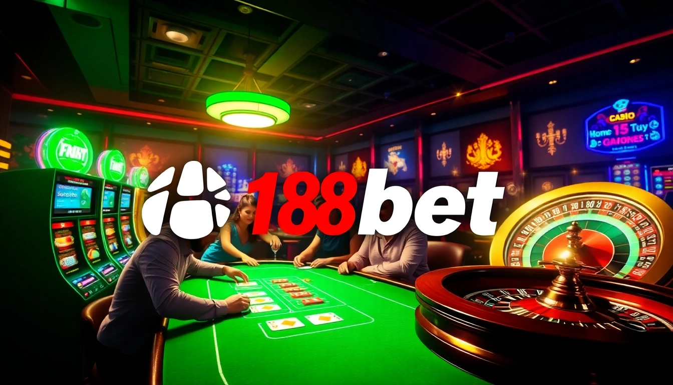 Dynamic casino scene featuring engaging 188bet gambling elements and vibrant players at the table.