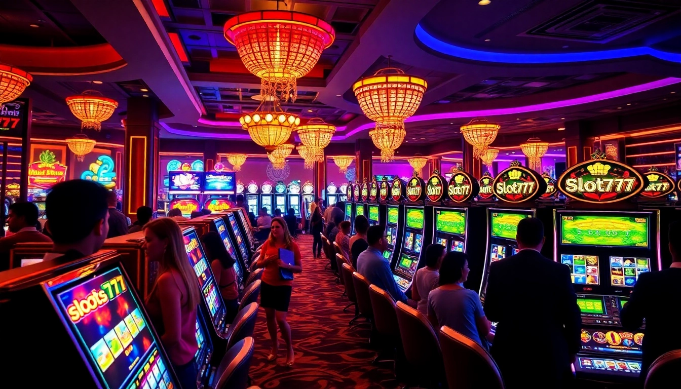 Experience the thrill of slots777 amidst vibrant casino lights and joyful players spinning the reels.