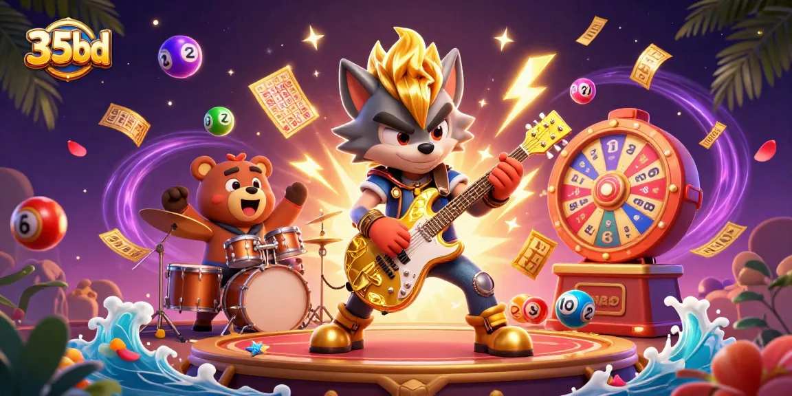 Catch the excitement with 35bd's vibrant casino scene featuring a rock star wolf and dynamic game elements.