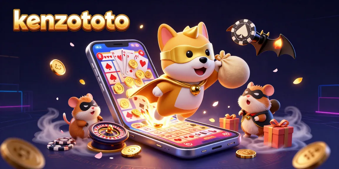 Kenzototo players winning big with a superhero dog carrying gold coins amidst colorful gaming elements.