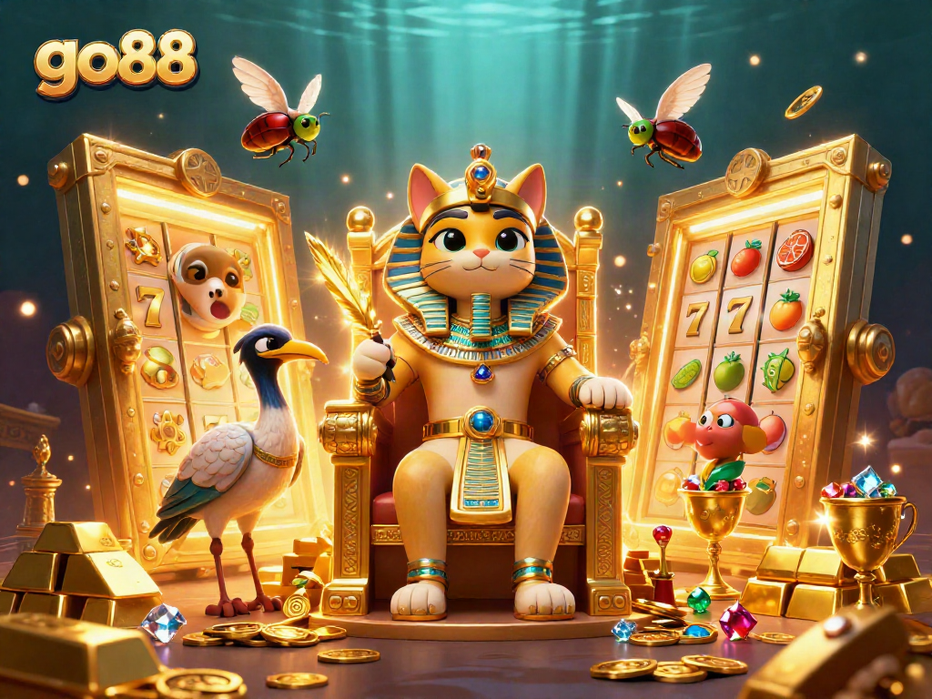 Experience thrilling gameplay with go88, featuring a majestic pharaoh cat in 3D amidst sparkling treasures and slots.