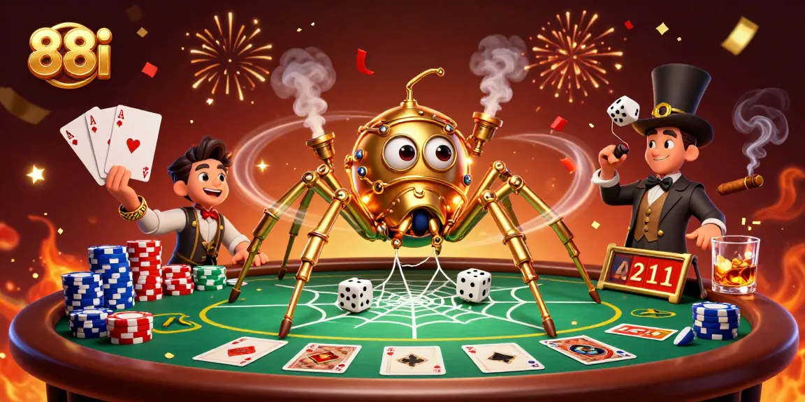 Experience the thrilling action of 88i's casino games with a lively 3D illustration featuring colorful poker elements.