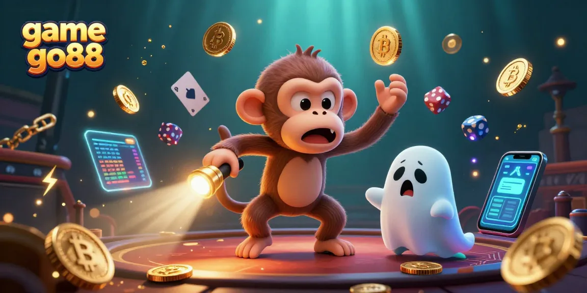 Engage in game go88 with a spirited poltergeist monkey and a ghost-hunter puppy in a vibrant casino scene.