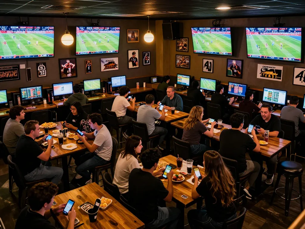 Soi kèo enthusiasts analyzing bets in a lively sports bar while enjoying live matches.