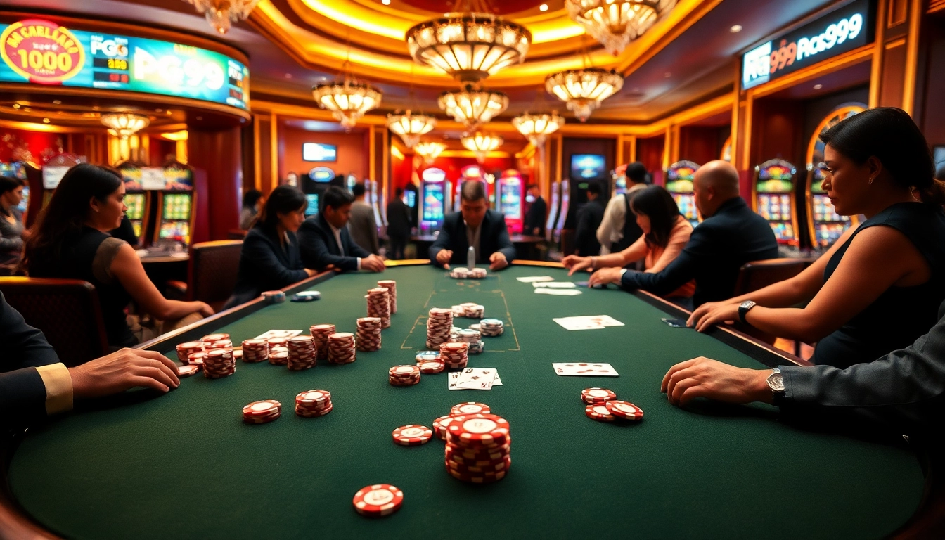 Experience the thrill of pg 99 gaming with players at a luxurious casino table, surrounded by vibrant slot machines.