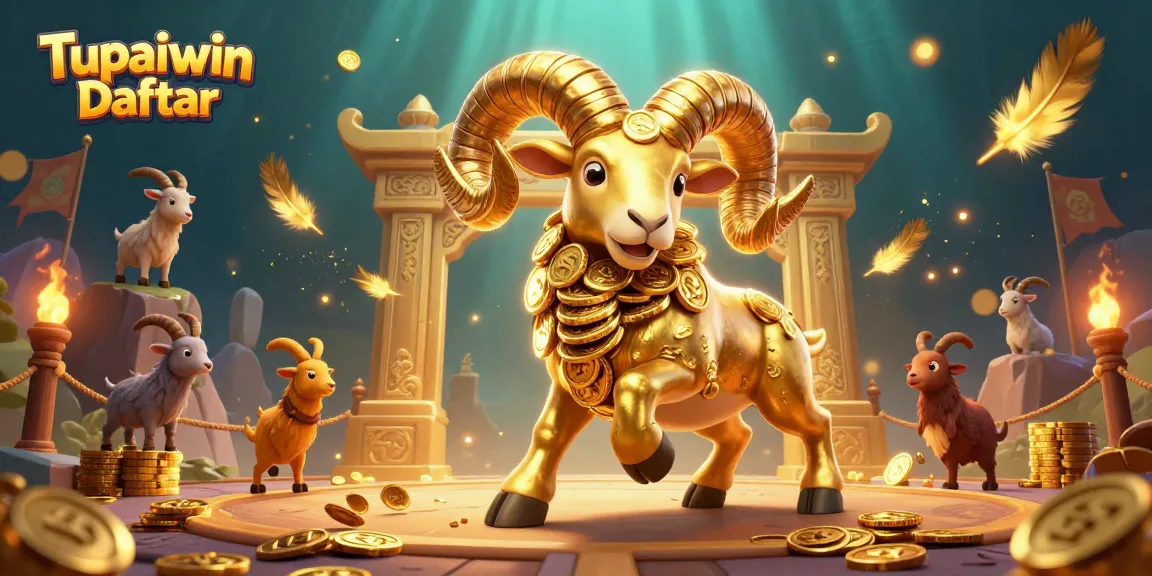 Tupaiwin Daftar showcases a golden ram charging through a vibrant gambling scene filled with coins and dynamic energy.