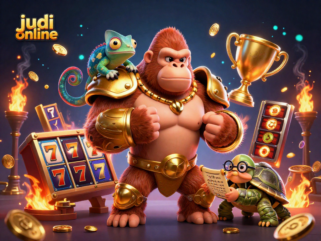 Experience thrilling judi online action with an animated gorilla king and chameleon in dynamic gambling scene.